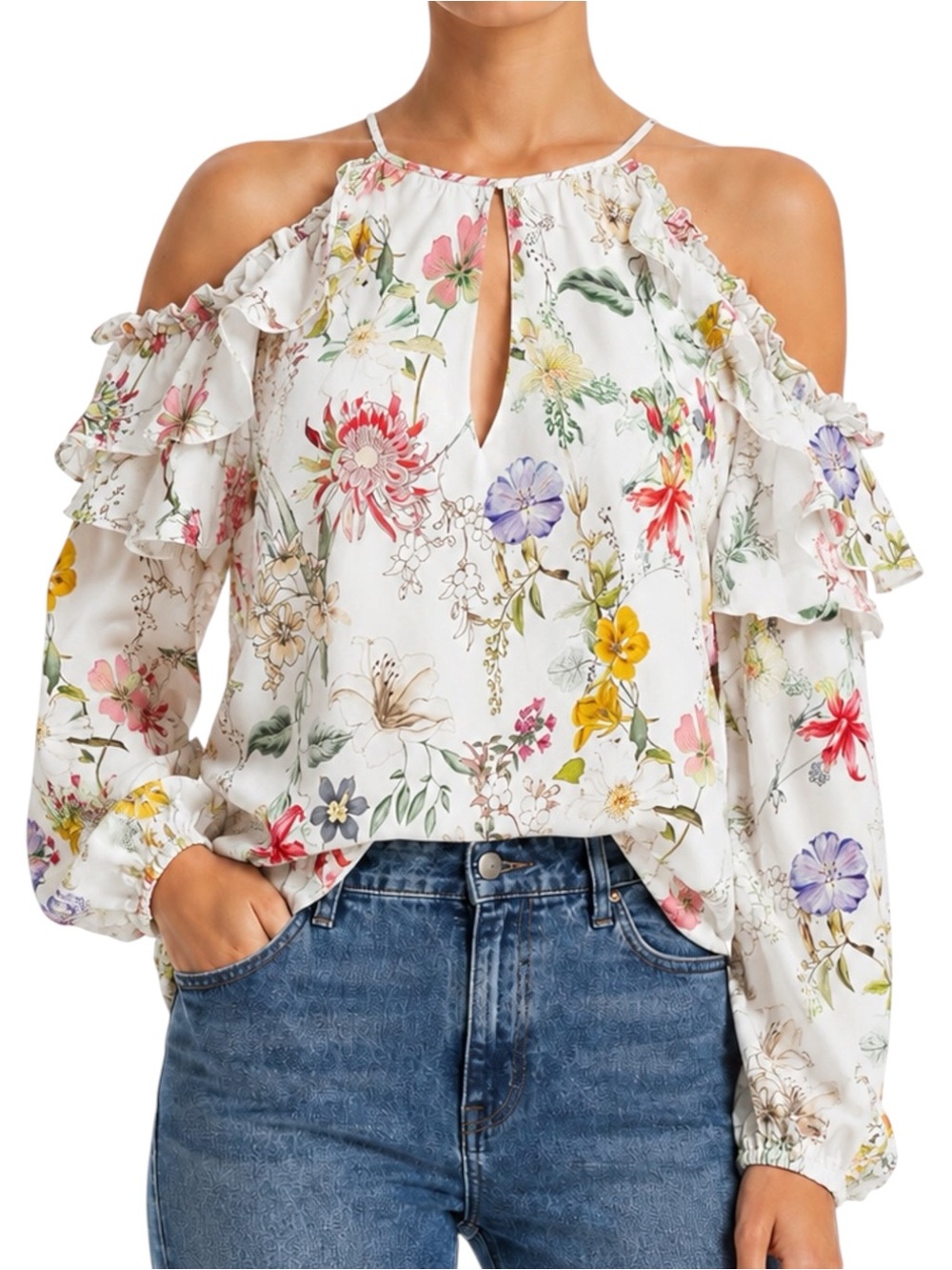 PARKER Abby Floral Cold Shoulder White Blouse XS